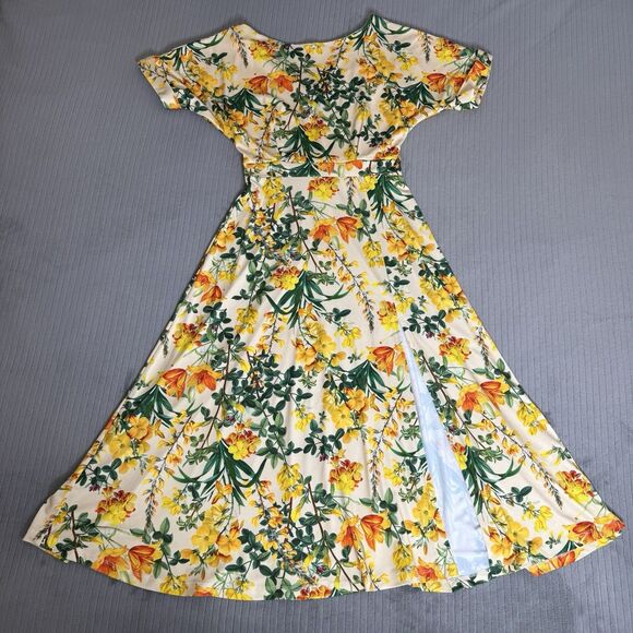 Alexia Admor Lane Boatneck Midi Dress Size XS Yellow Floral Side Slit - Picture 4 of 10